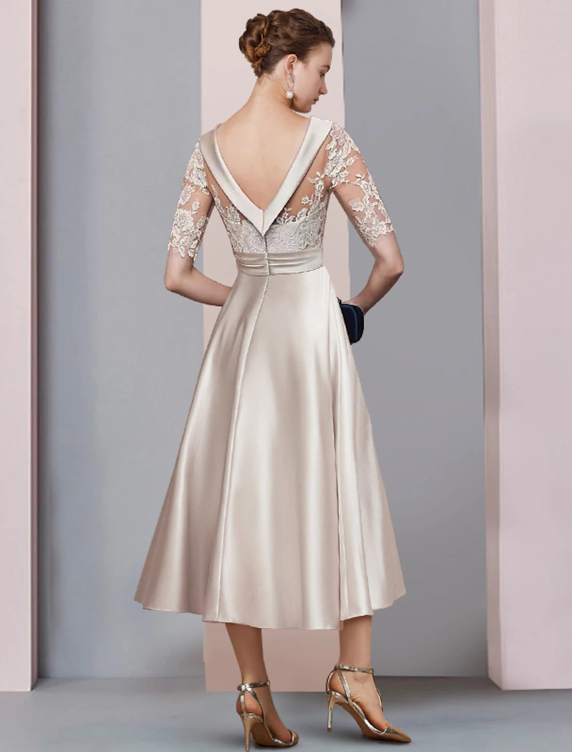 Wholesale  Mother of the Bride Dress A-Line Fall Wedding Guest Dresses Vintage Elegant Scoop Neck Tea Length Satin Lace Half Sleeve with Ruched Appliques